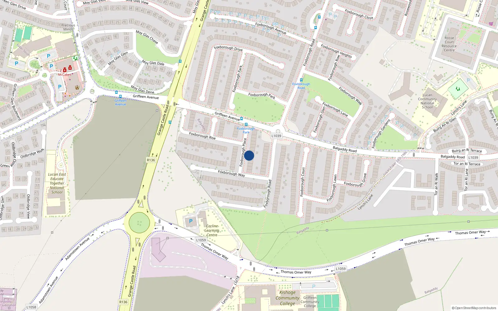Overhead map showing the location of 11 Foxborough Place, Foxborough, Lucan