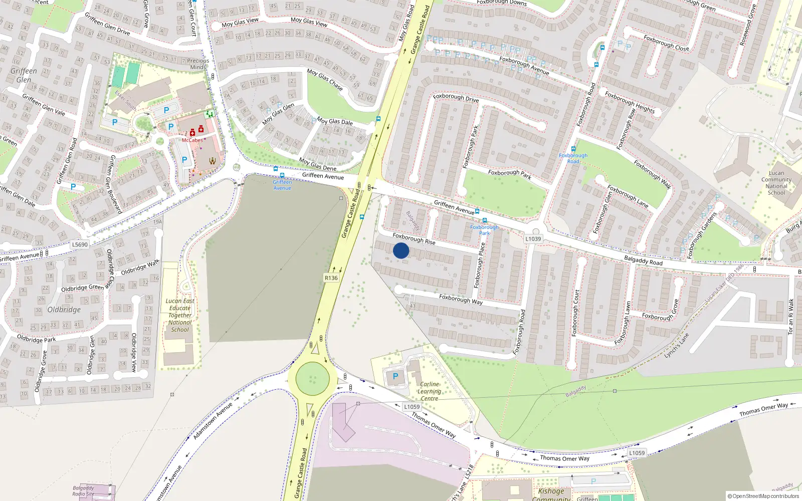Overhead map showing the location of 11 Foxborough Rise, Lucan