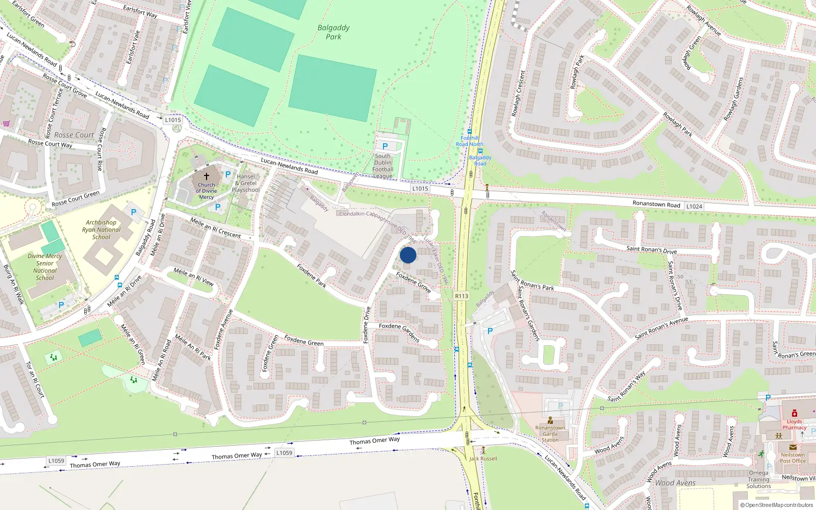 Overhead map showing the location of 11 Foxdene Drive, Lucan