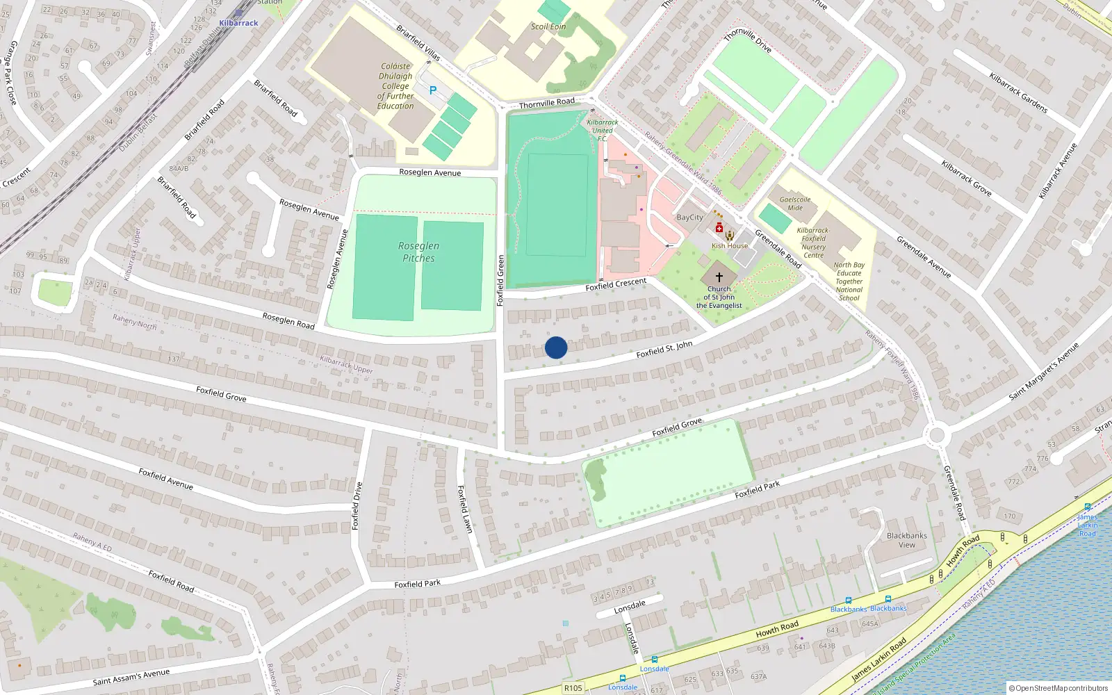 Overhead map showing the location of 11 Foxfield Saint John, Dublin 5