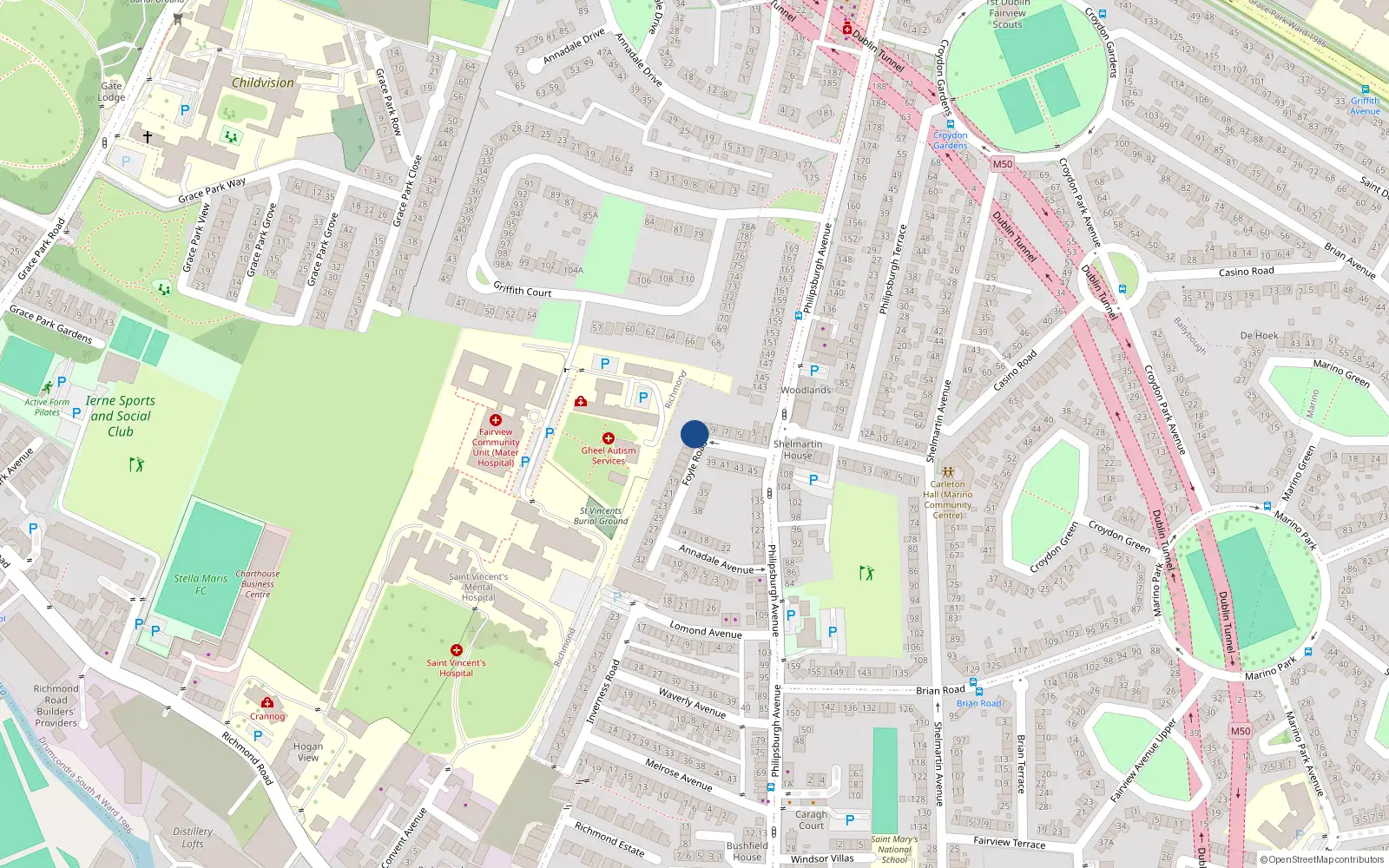 Overhead map showing the location of 11 Foyle Road, Fairview, Dublin 3