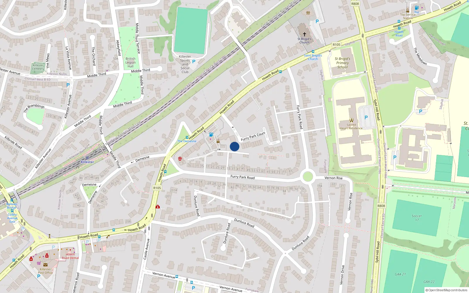 Overhead map showing the location of 11 Furry Park Court, Killester, Dublin 5