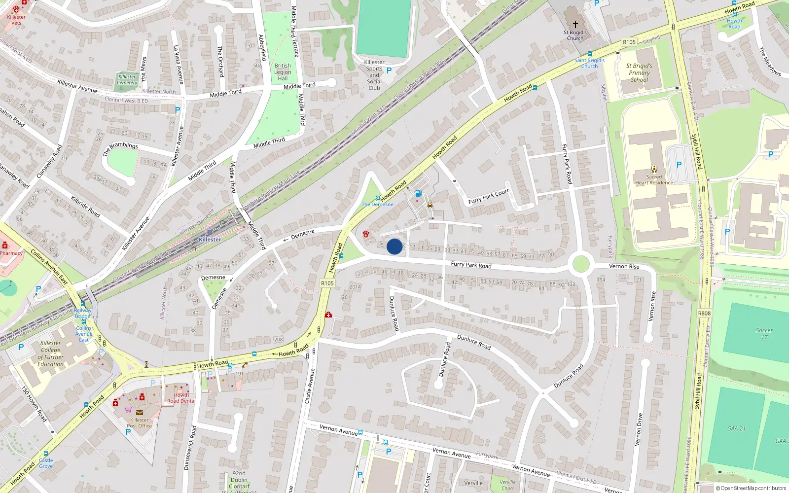 Overhead map showing the location of 11 Furry Park Road, Killester, Dublin 5