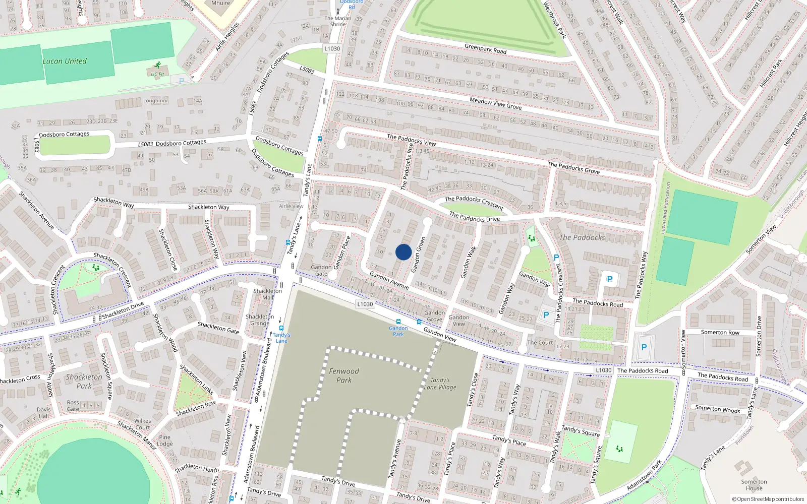 Overhead map showing the location of 11 Gandon Green, Lucan