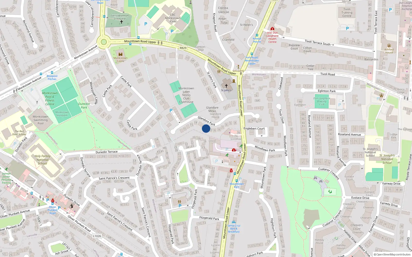 Overhead map showing the location of 11 Glandore Park, Dun Laoghaire