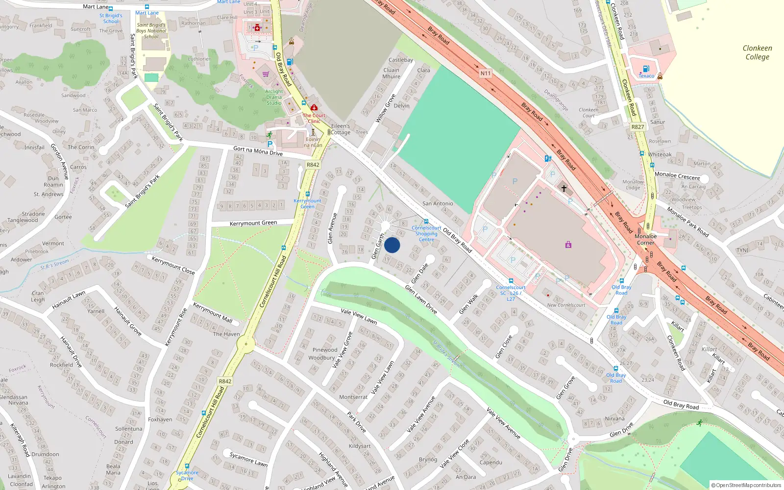 Overhead map showing the location of 11 Glen Garth, Dublin 18