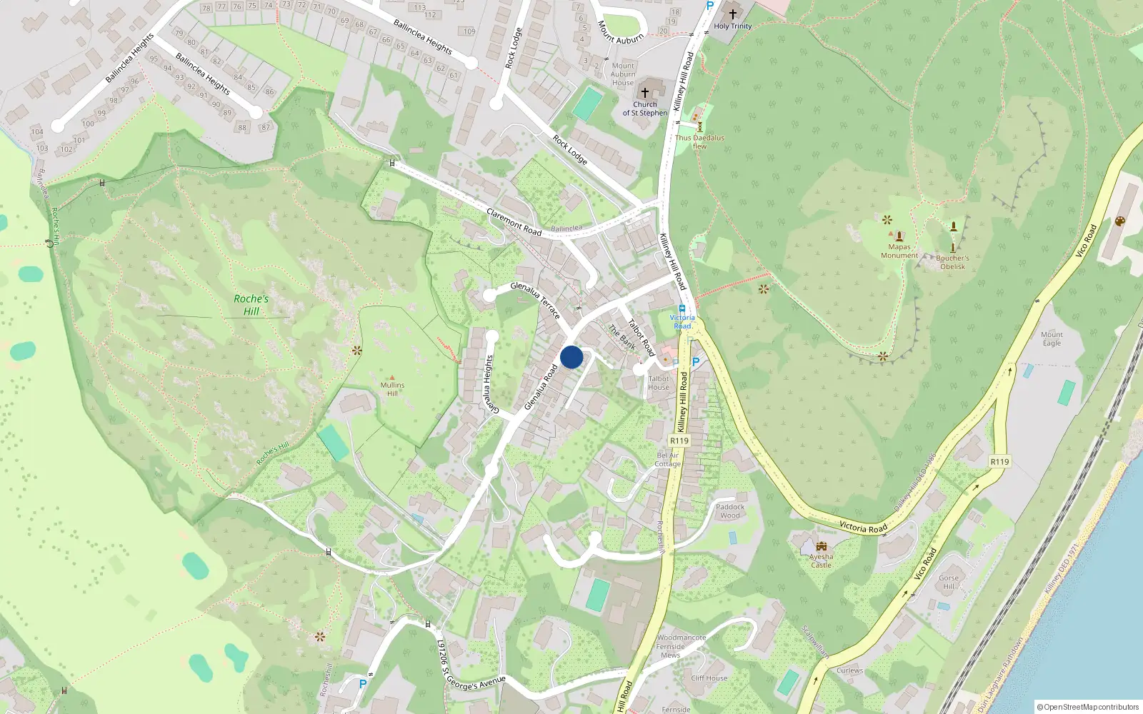 Overhead map showing the location of 11 Glenalua Road, Killiney