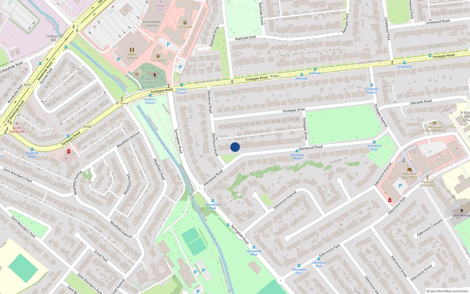Overhead map showing the location of 11 Glenwood Road, Cameron Park, Raheny Dublin 5