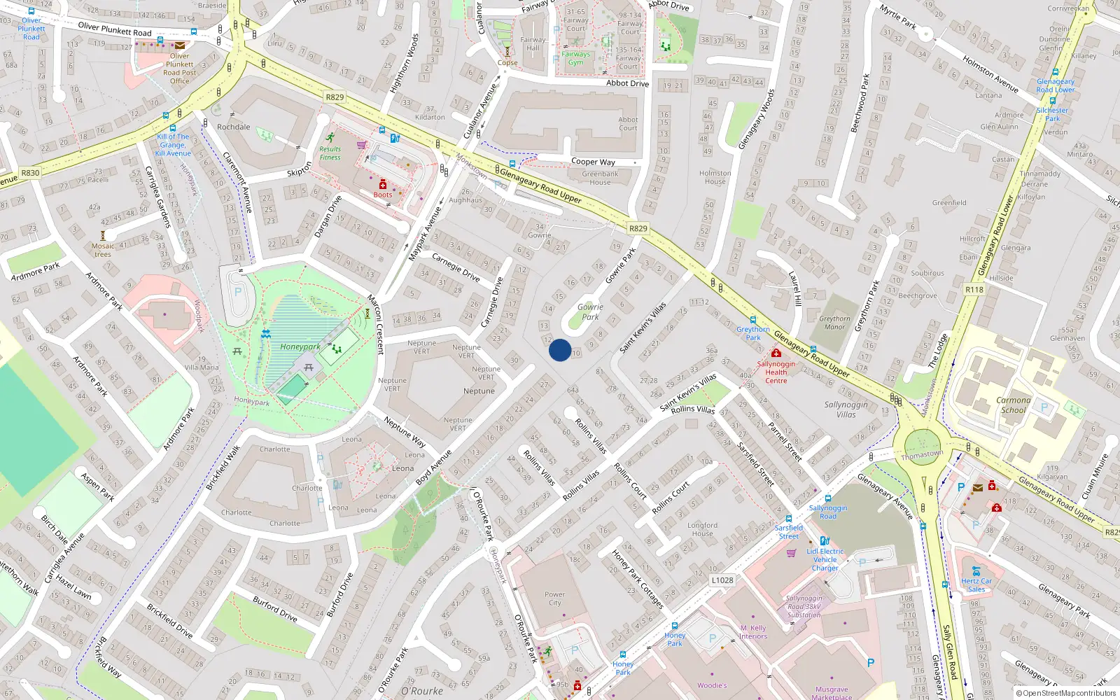 Overhead map showing the location of 11 Gowrie Park, Sallynoggin
