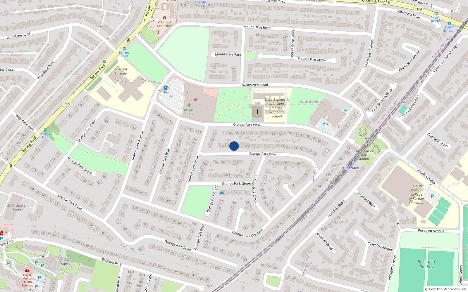 Overhead map showing the location of 11 Grange Park Rise, Raheny, Dublin 5, D05nt99