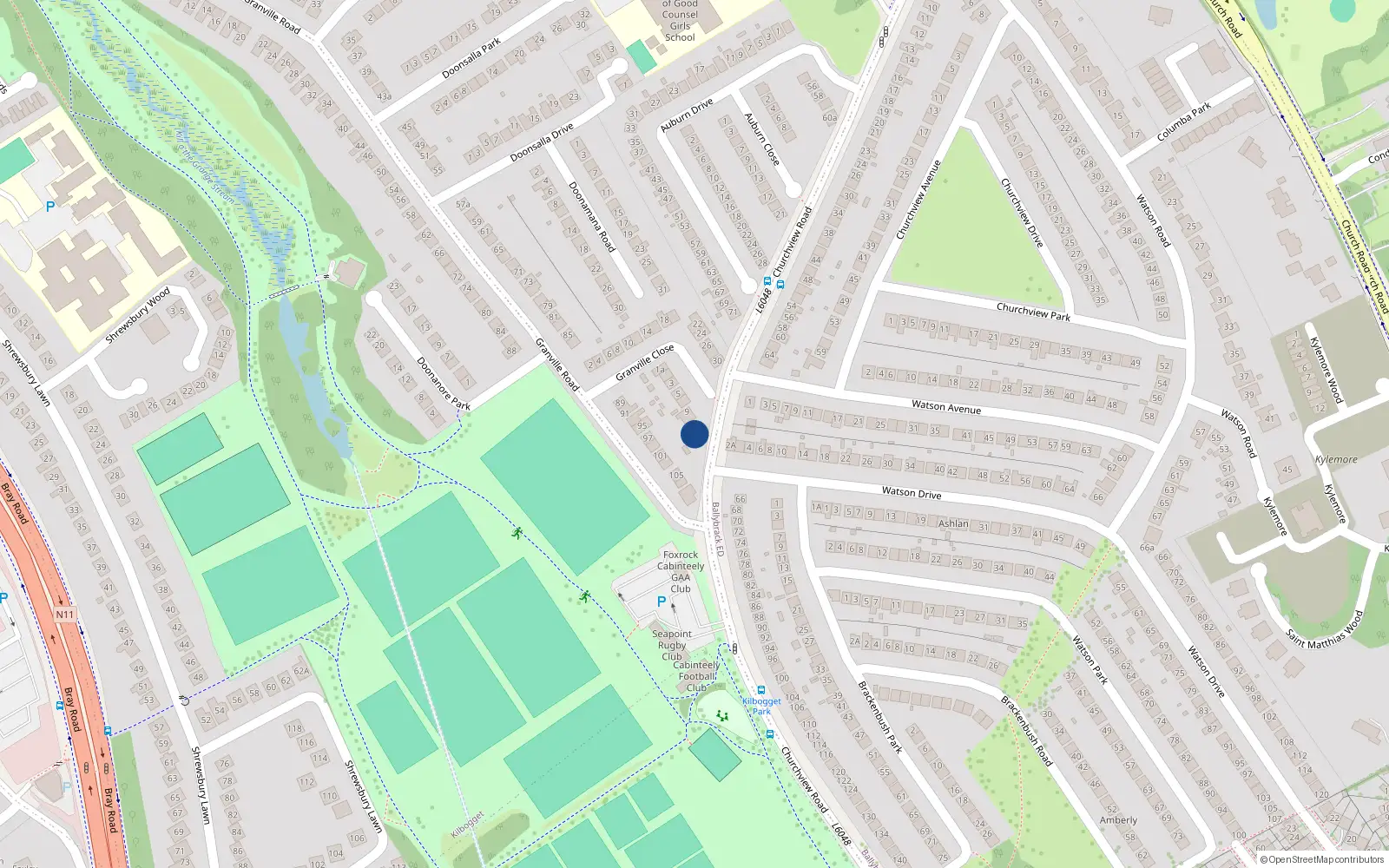 Overhead map showing the location of 11 Granville Close, Dun Laoghaire, Dublin