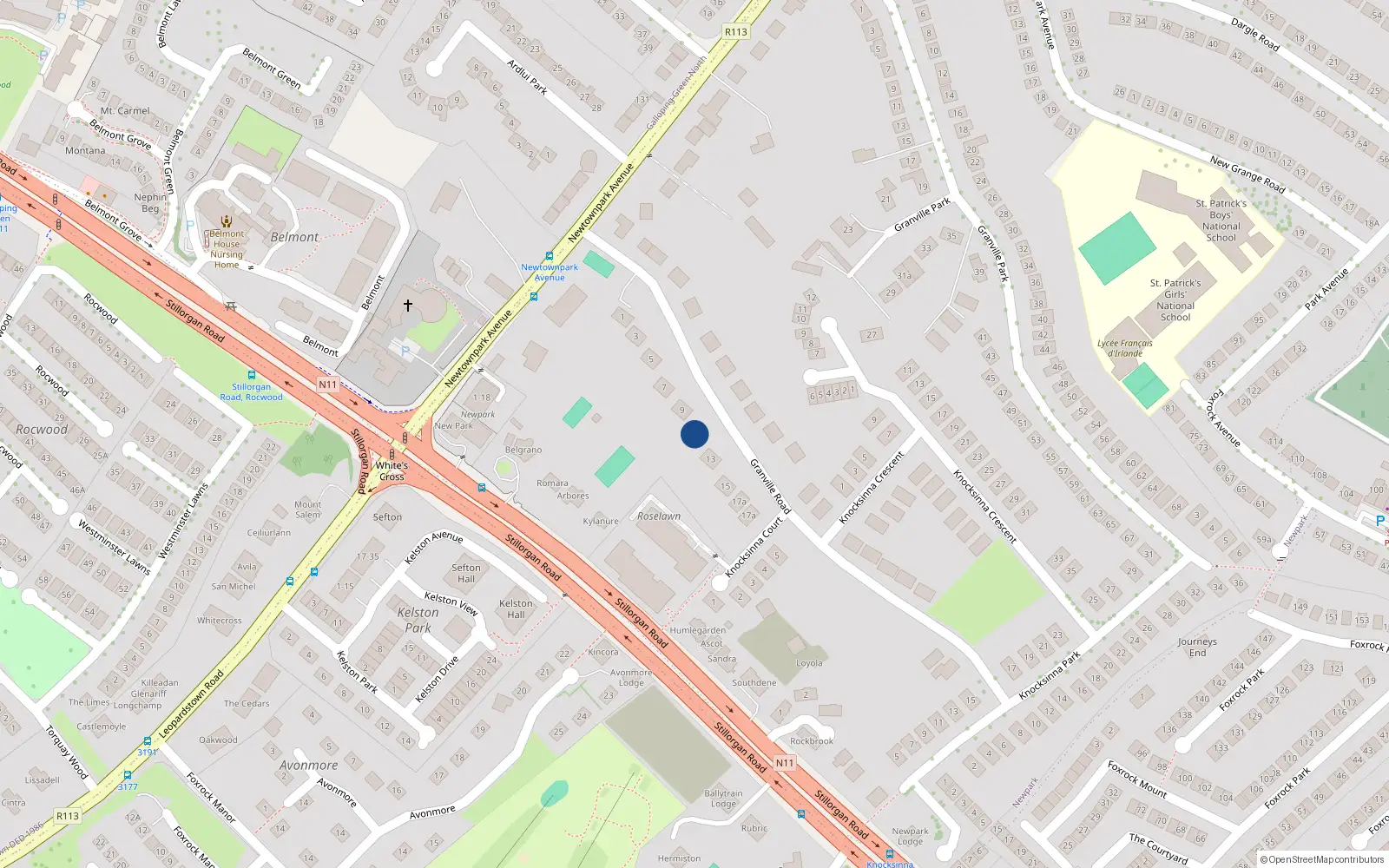 Overhead map showing the location of 11 Granville Road, Newtonpark Avenue, Blackrock