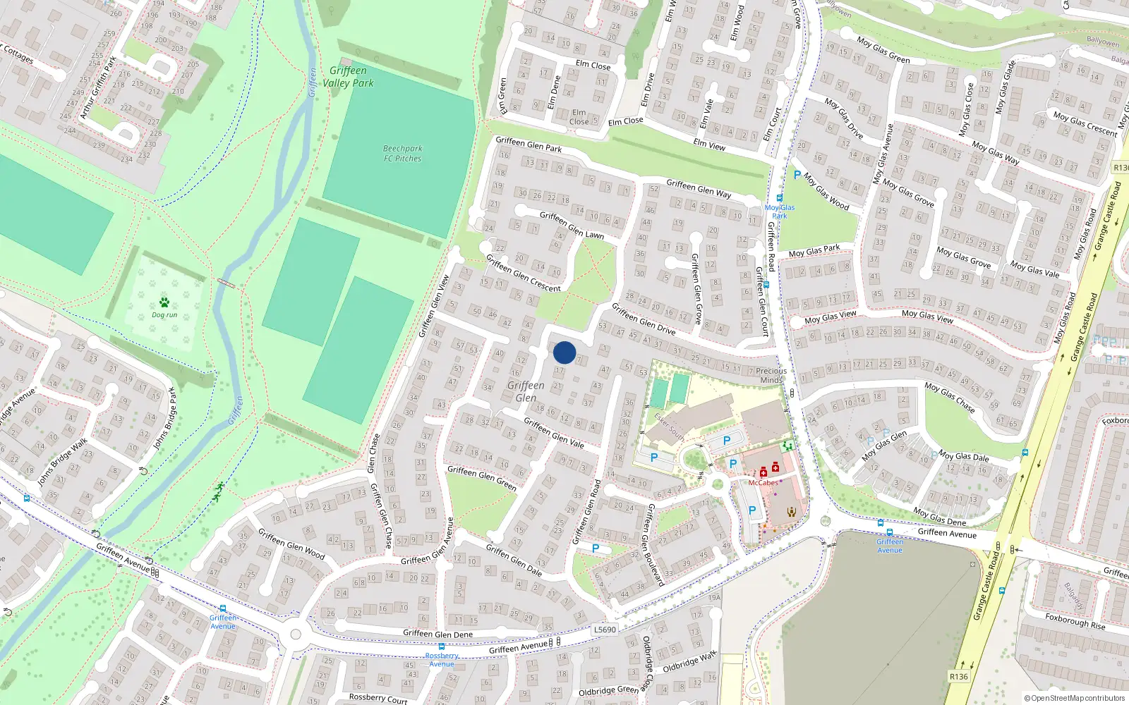 Overhead map showing the location of 11 Griffeen Glen Close, Lucan, Dublin