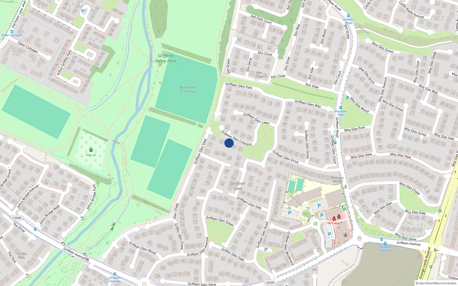 Overhead map showing the location of 11 Griffeen Glen Crescent, Lucan
