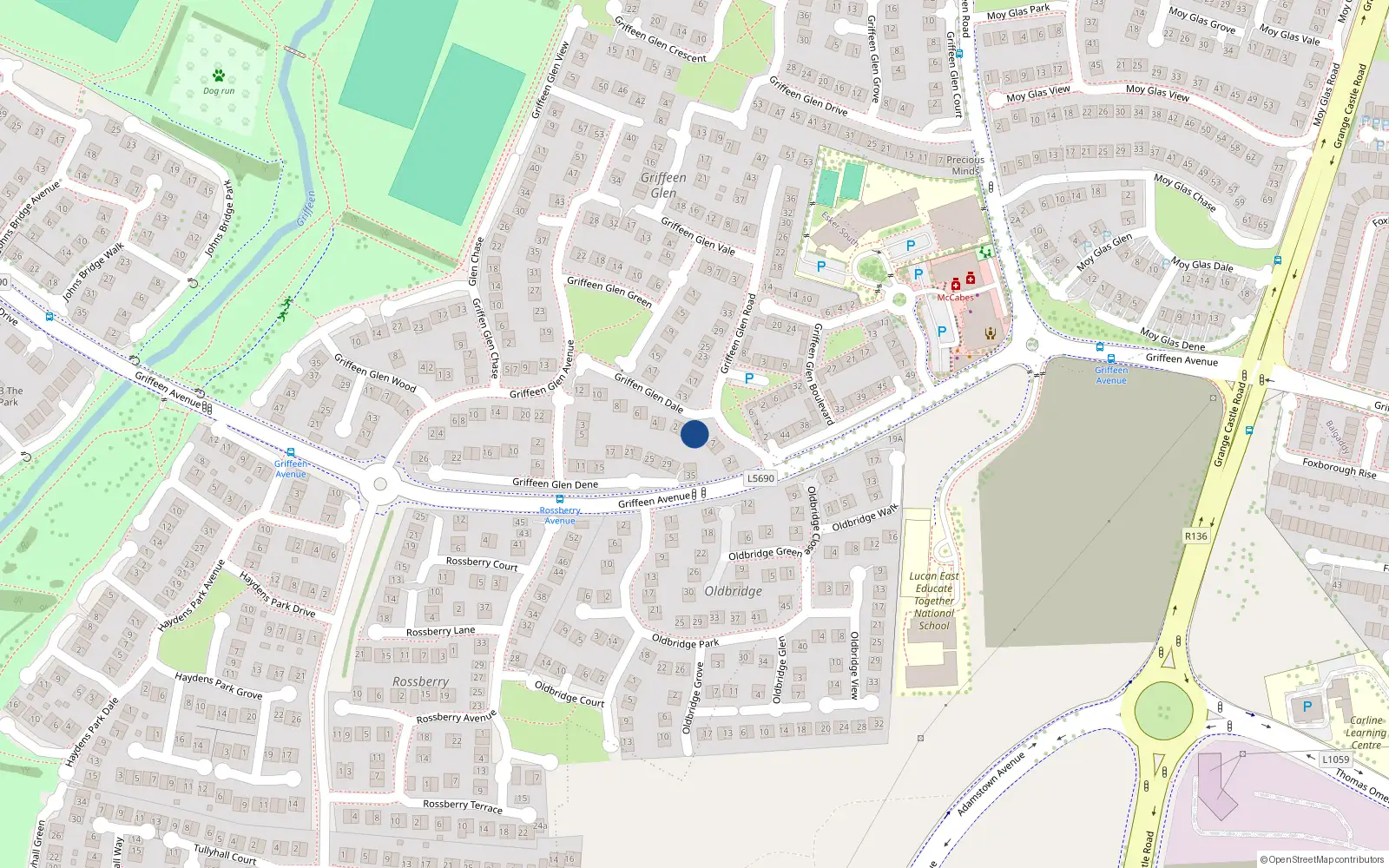 Overhead map showing the location of 11 Griffeen Glen Road, Lucan