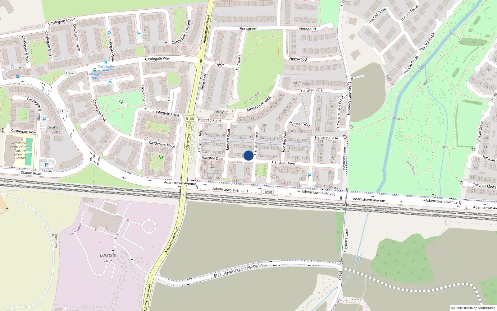 Overhead map showing the location of 11 Hanstead Drive, Lucan, Dublin