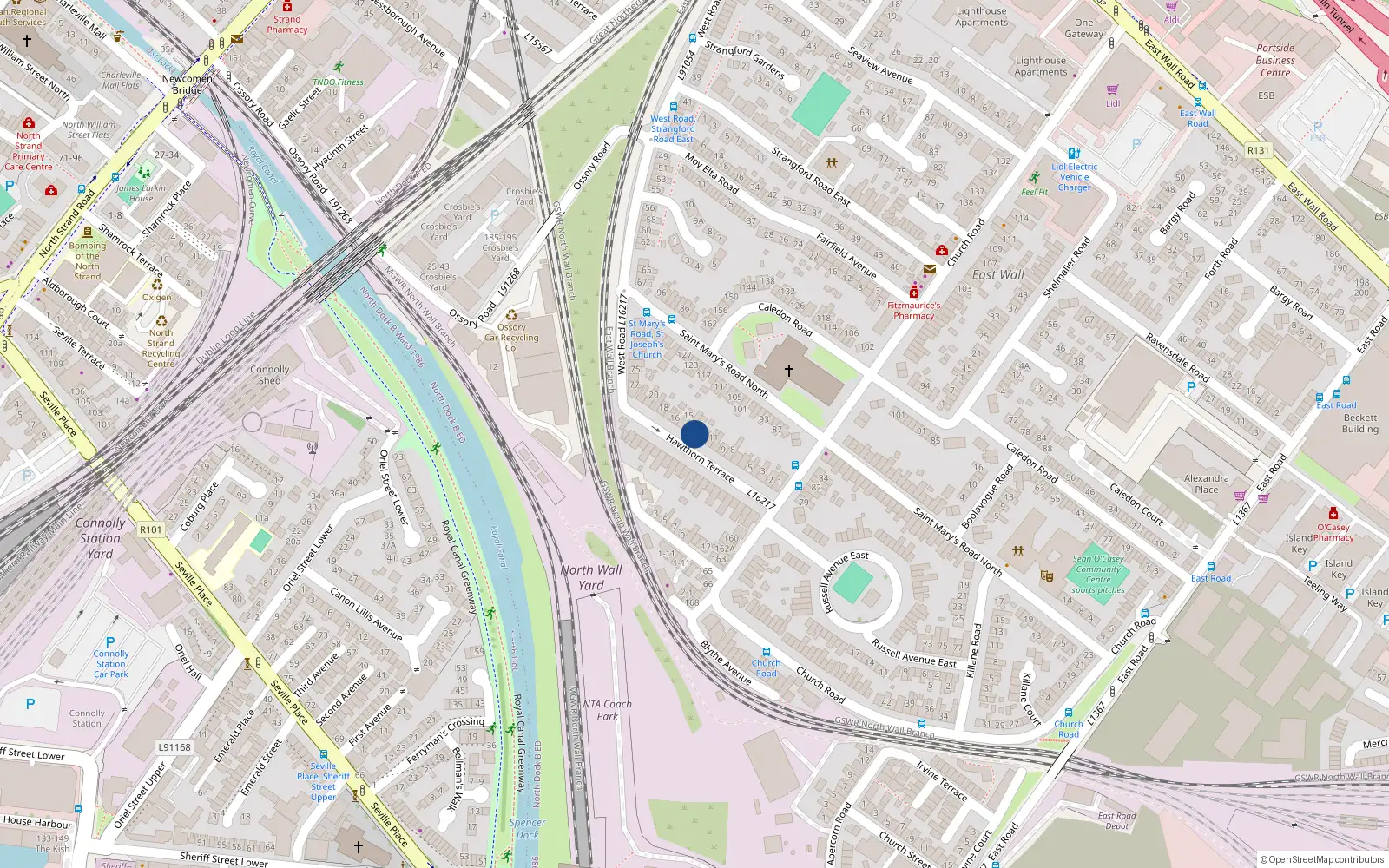 Overhead map showing the location of 11 Hawthorn Terrace, West Road, Dublin 3