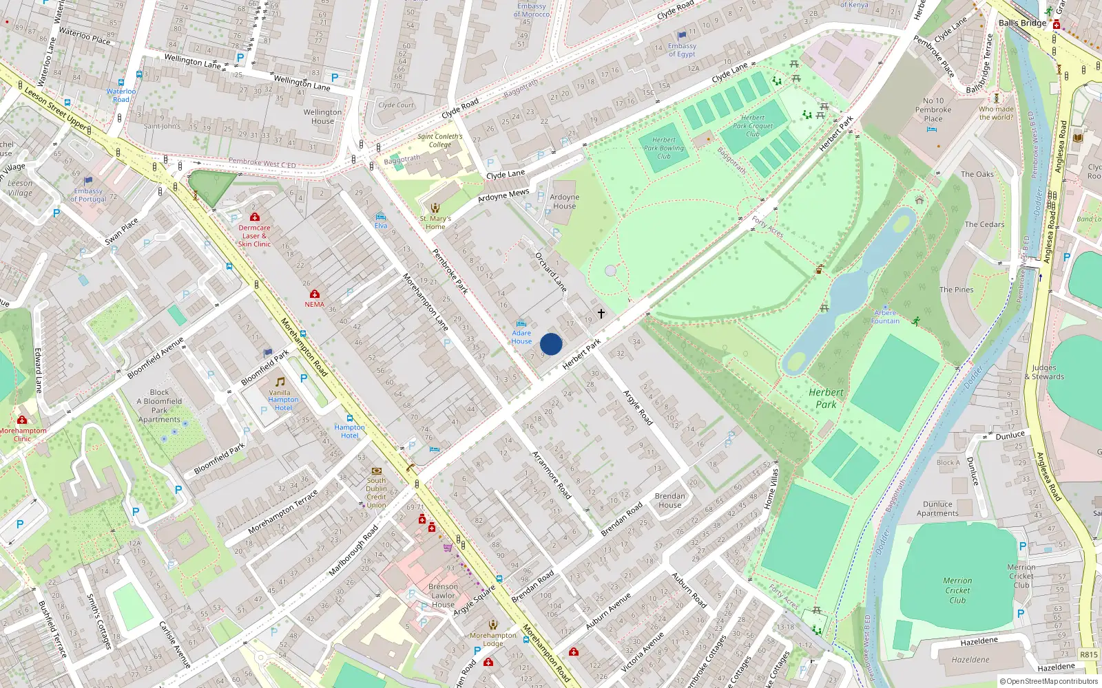 Overhead map showing the location of 11 Herbert Park, Dublin 4