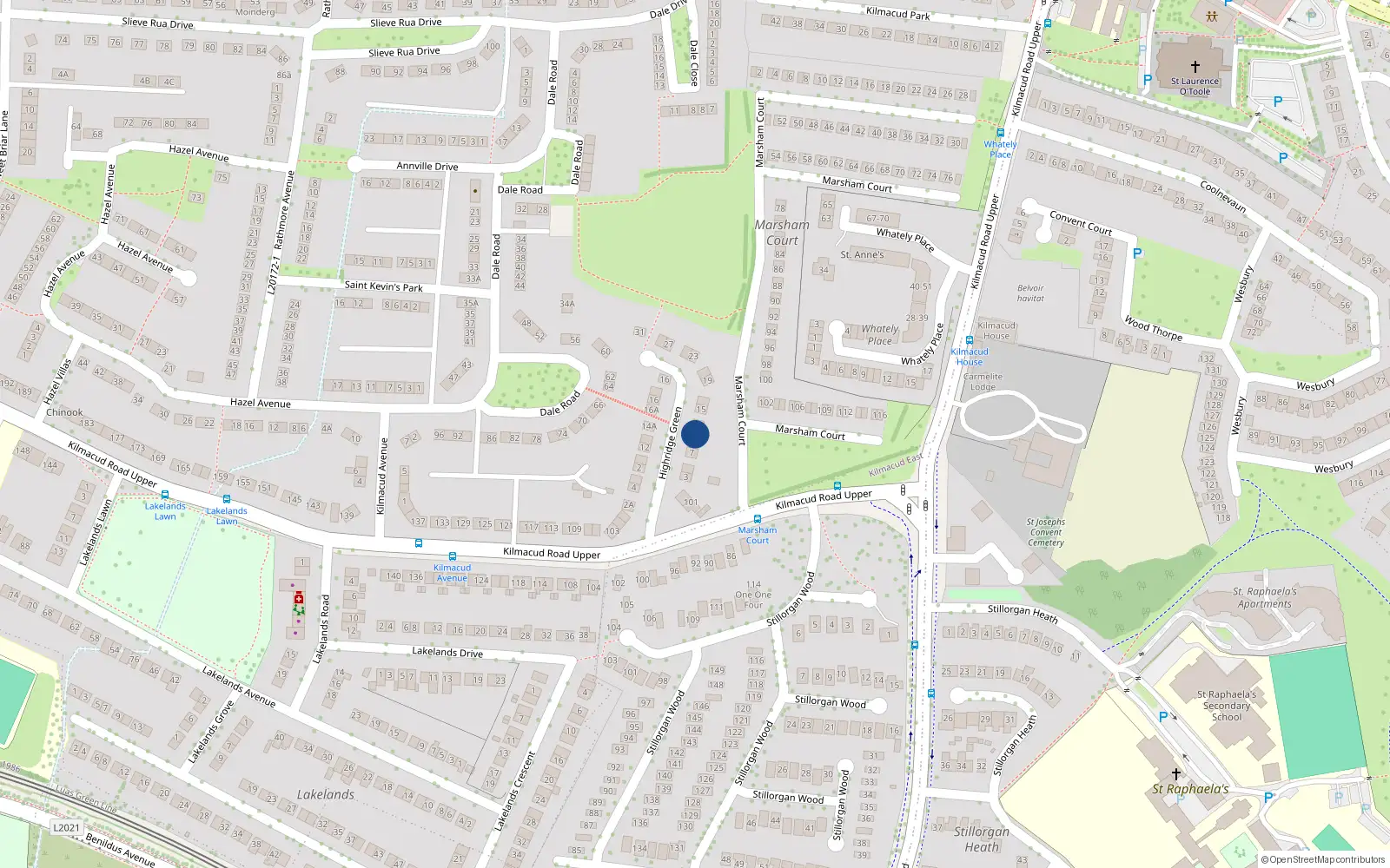 Overhead map showing the location of 11 Highridge Green, Blackrock