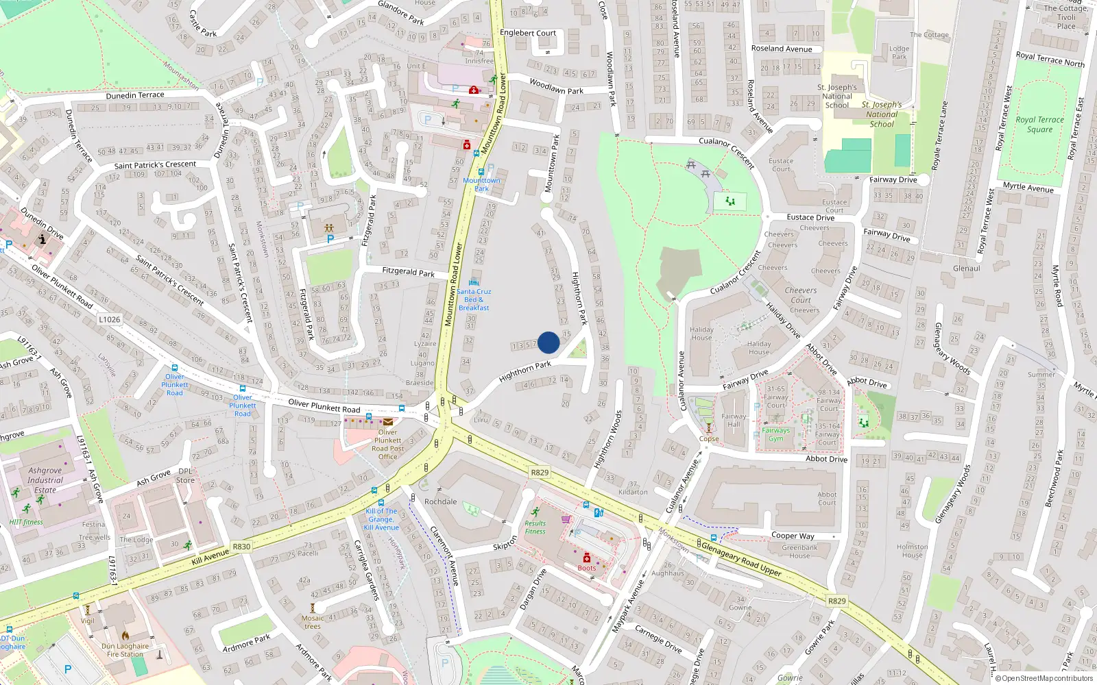 Overhead map showing the location of 11 Highthorn Park, Mounttown, Dunlaoire