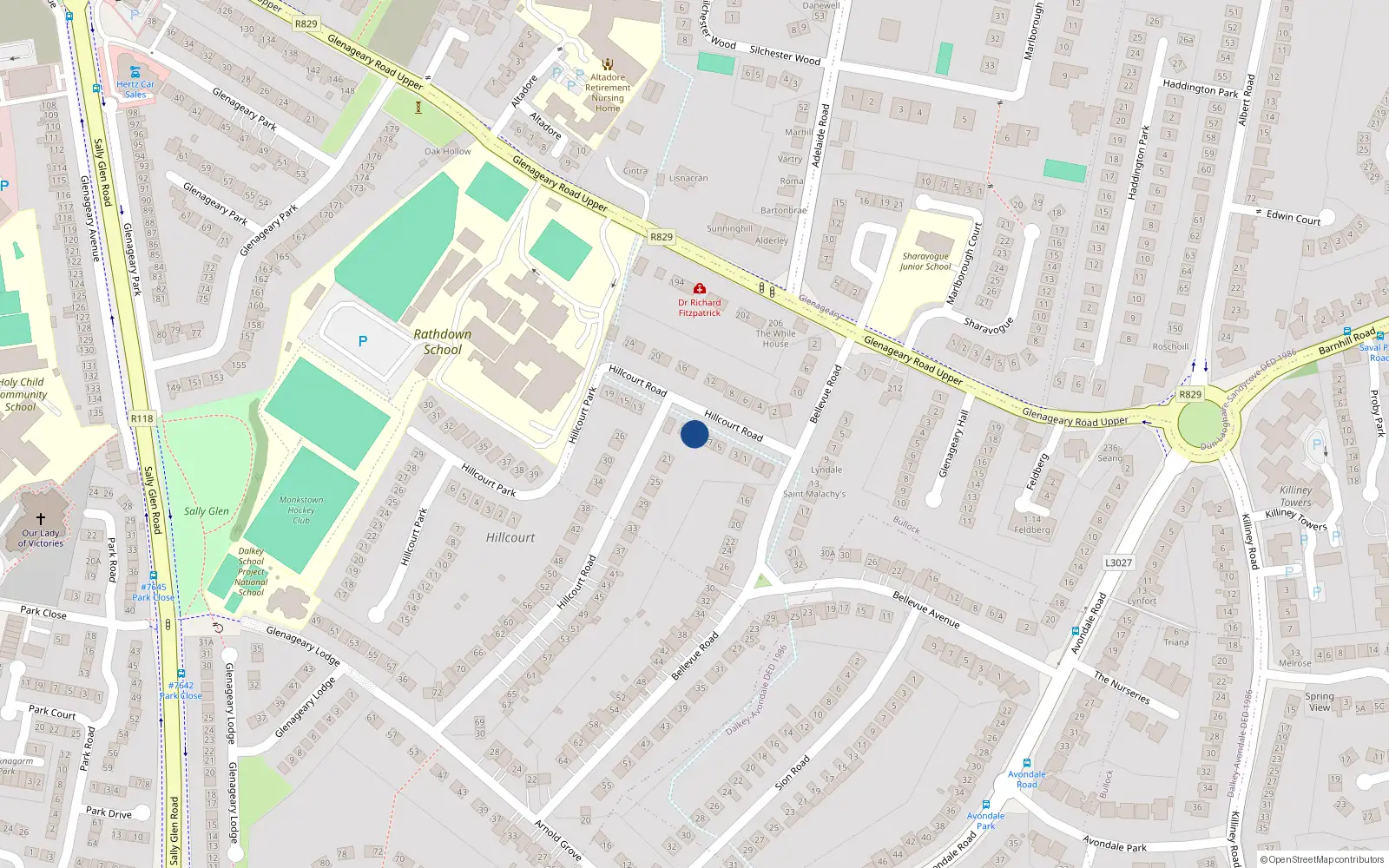Overhead map showing the location of 11 Hillcourt Road, Dublin