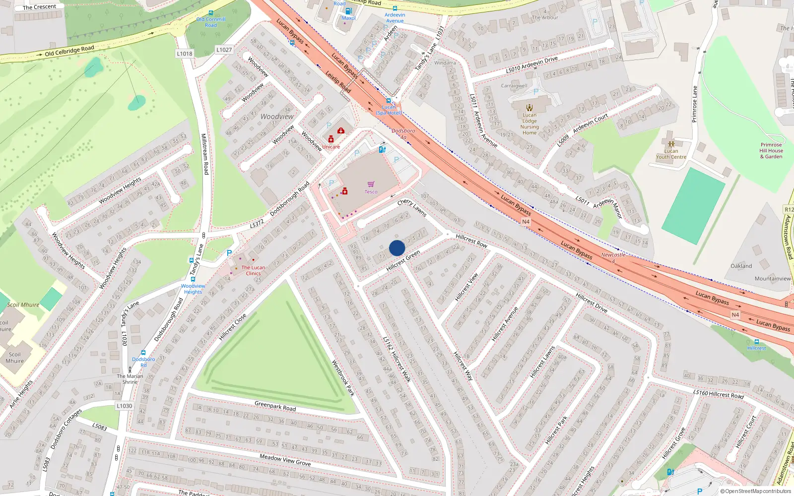 Overhead map showing the location of 11 Hillcrest Green, Lucan, Dublin