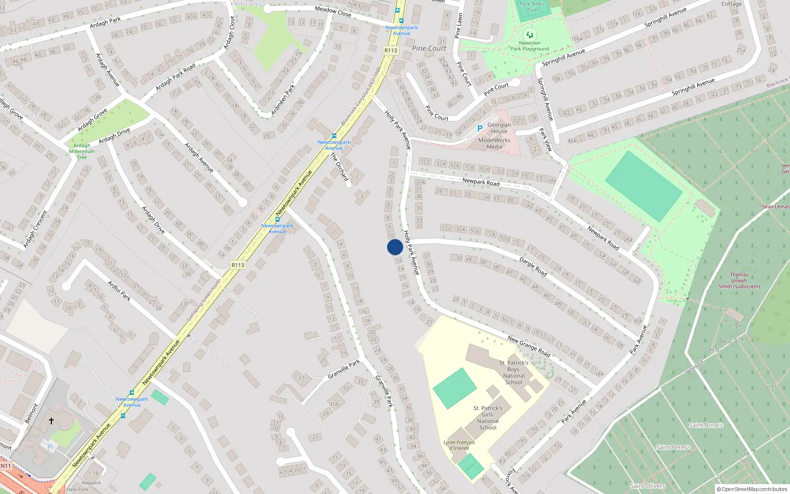 Overhead map showing the location of 11 Holly Park Avenue, Blackrock
