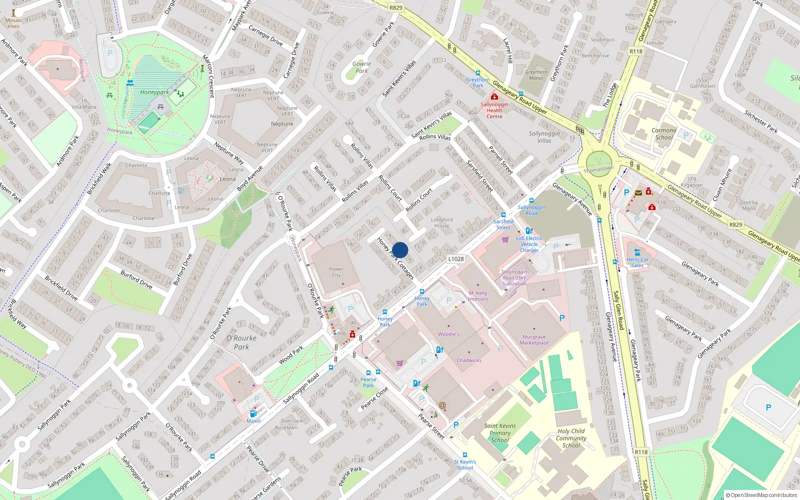 Overhead map showing the location of 11 Honey Park, Sallynoggin