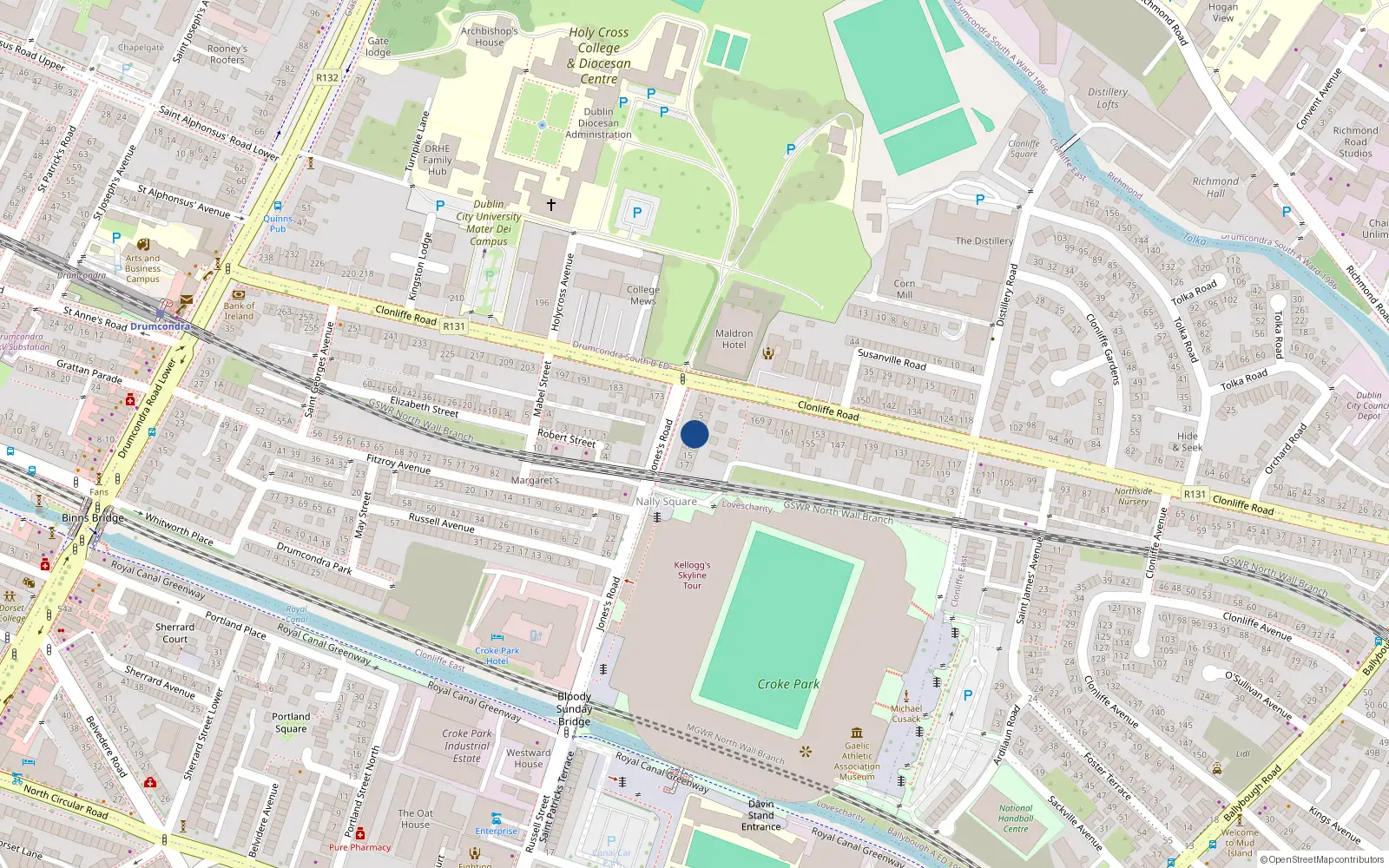 Overhead map showing the location of 11 Jones' Road, Dublin 3