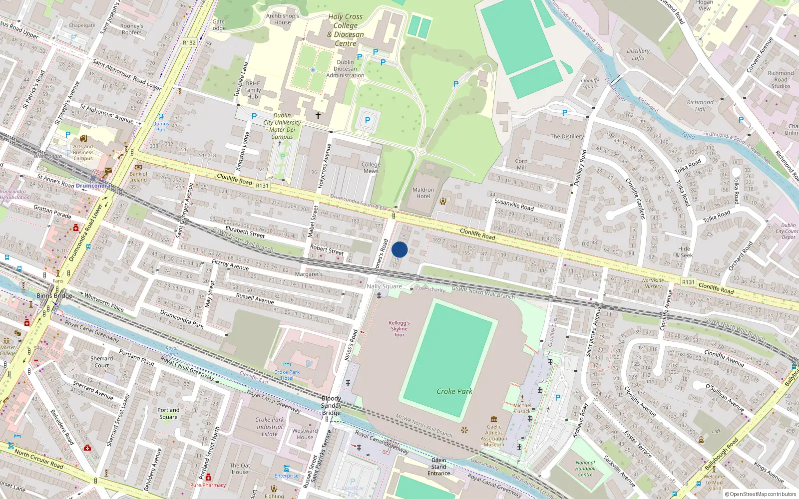 Overhead map showing the location of 11 Jones's Road, Drumcondra, Dublin 3