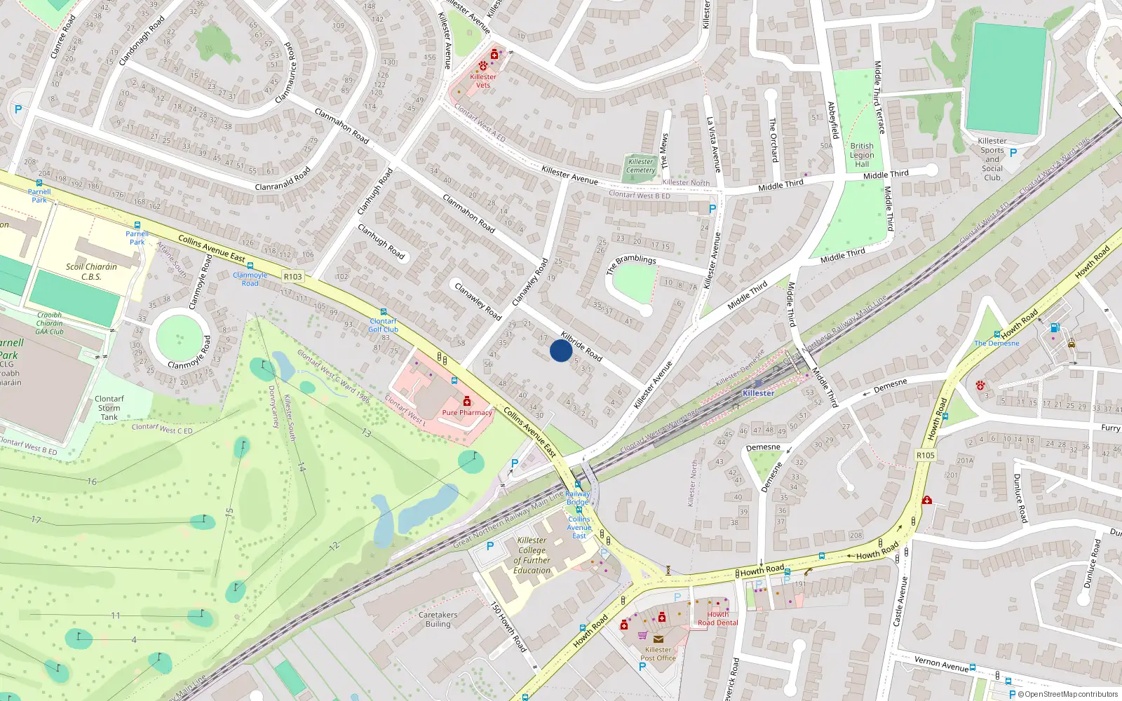 Overhead map showing the location of 11 Kilbride Road, Killester, Dublin 5, D05 W0f8