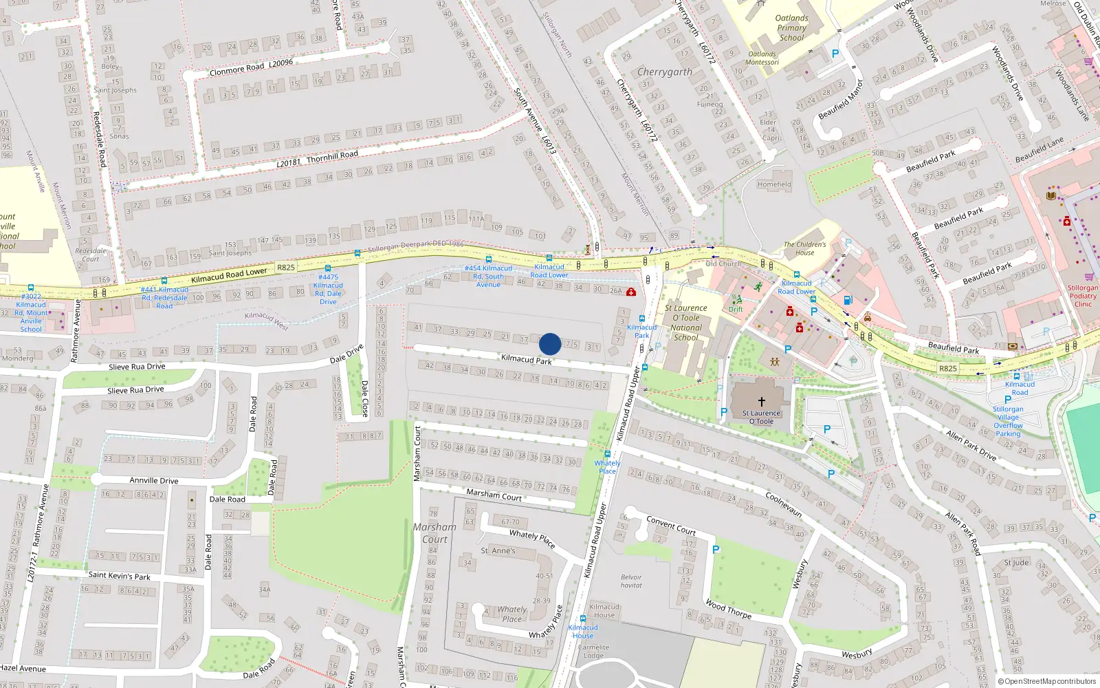 Overhead map showing the location of 11 Kilmacud Park, Stillorgan, Dublin