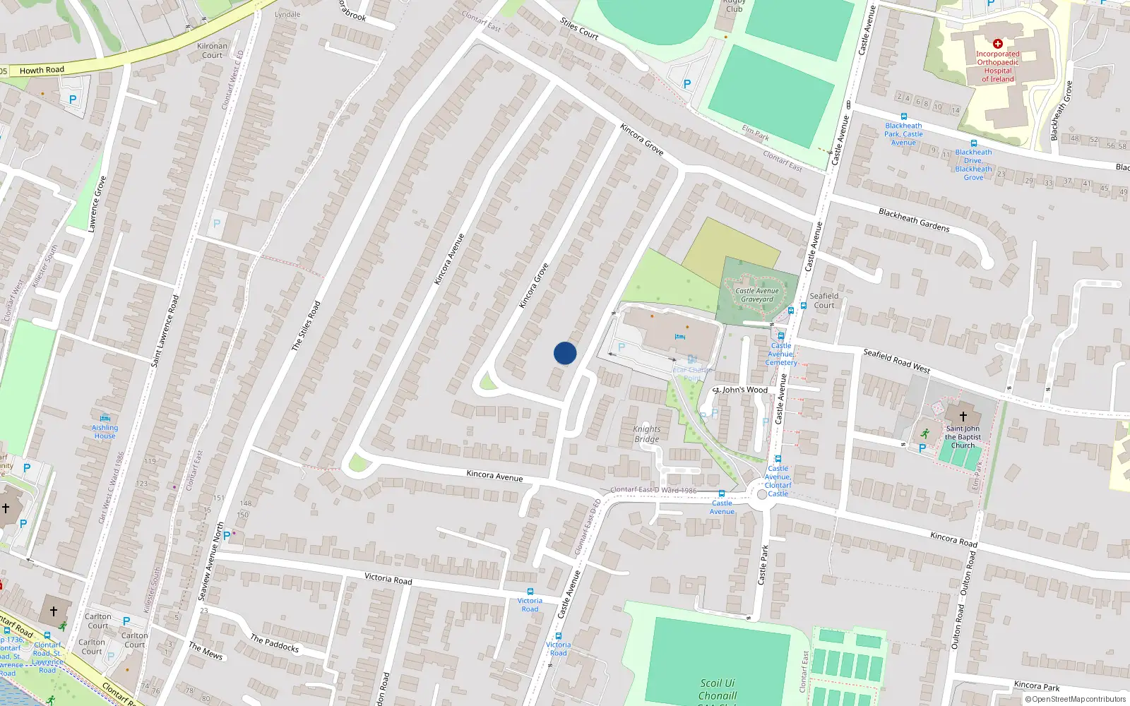 Overhead map showing the location of 11 Kincora Grove, Clontarf, Dublin 3