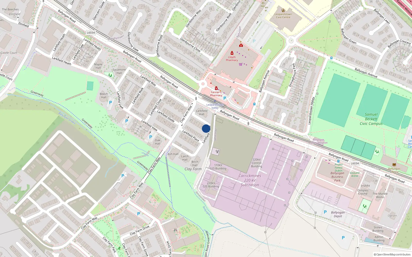 Overhead map showing the location of 11 Larkfield Place, Leopardstown