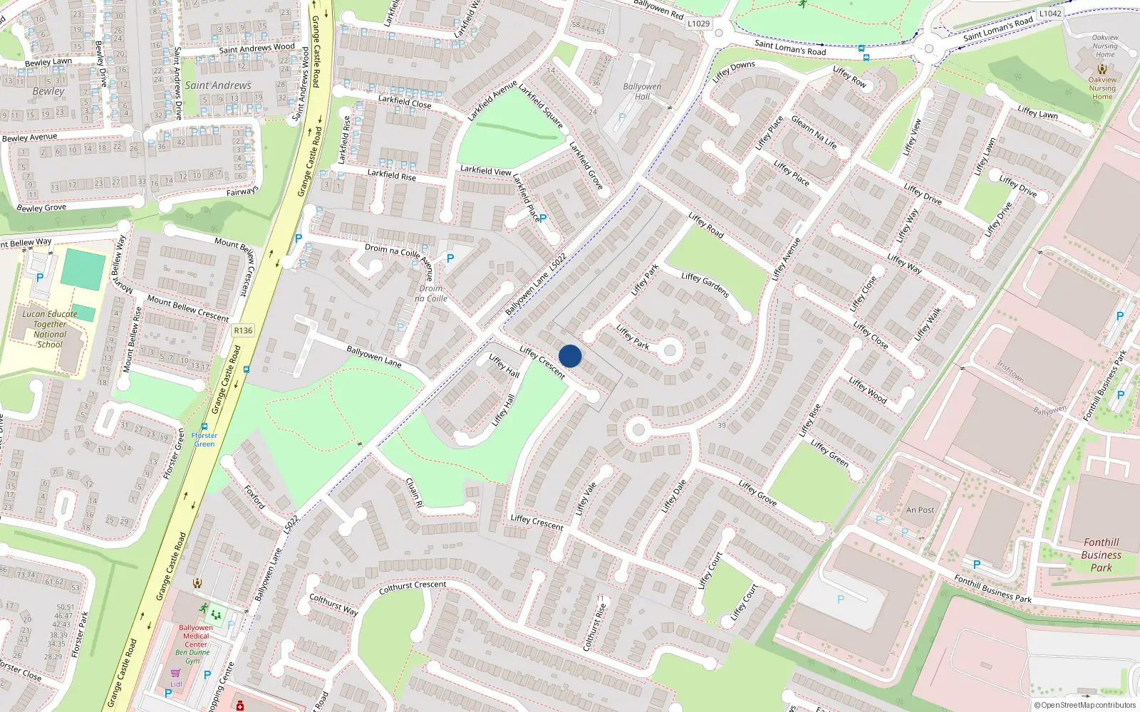 Overhead map showing the location of 11 Liffey Crescent, Liffey Valley Park, Lucan