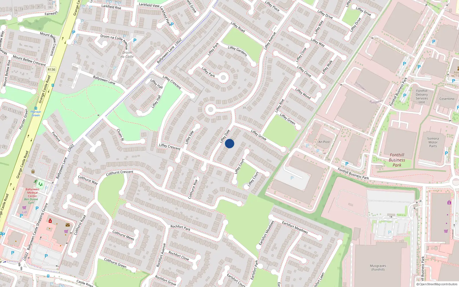Overhead map showing the location of 11 Liffey Dale, Liffey Valley Park, Lucan