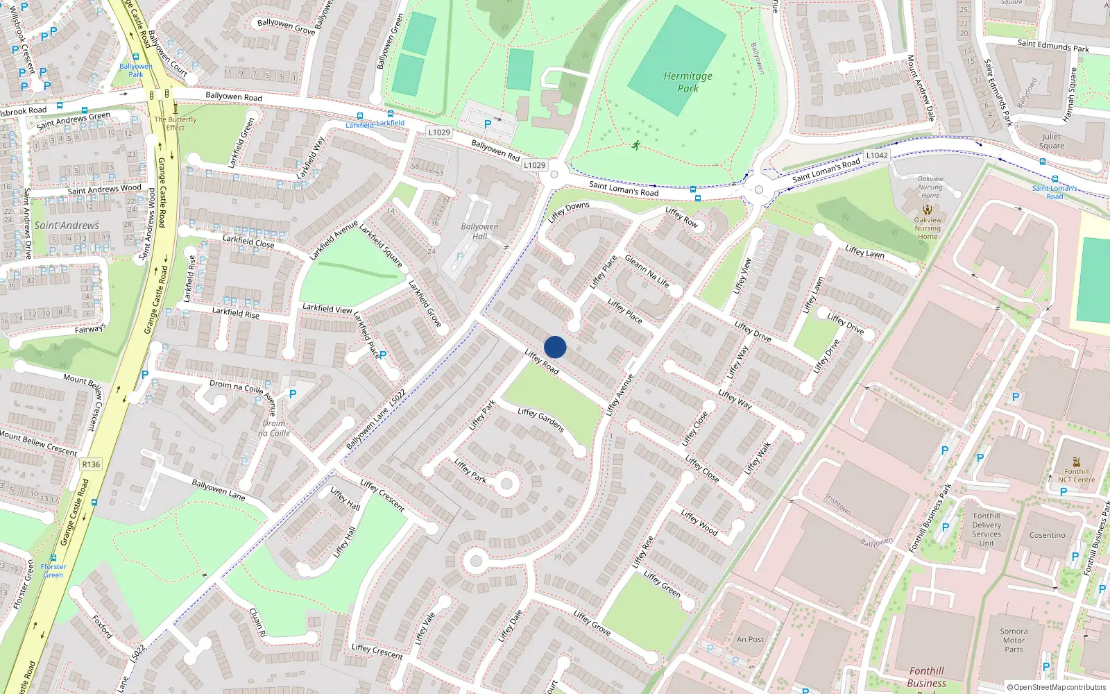 Overhead map showing the location of 11 Liffey Road, Liffey Valley Park, Lucan
