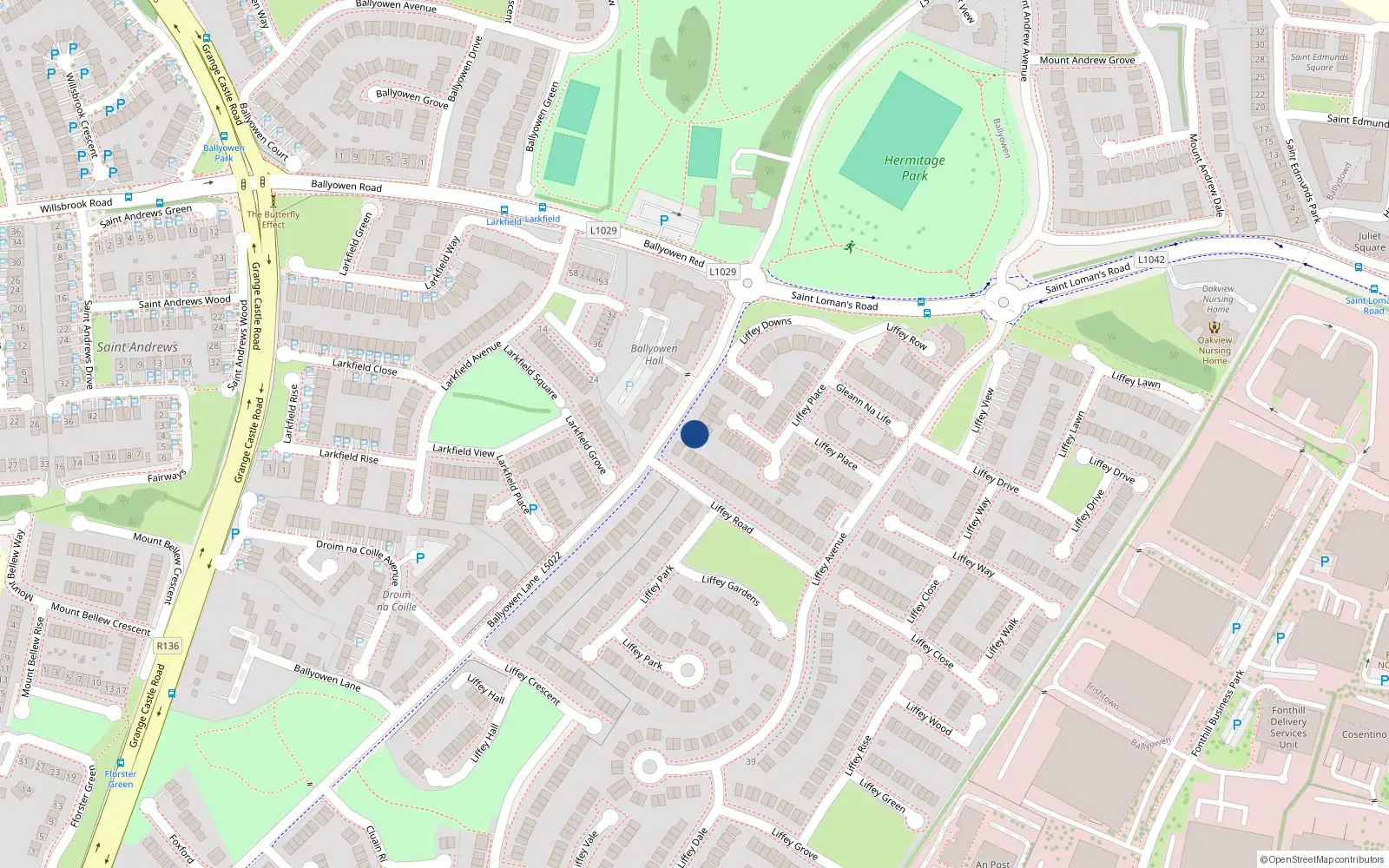 Overhead map showing the location of 11 Liffey Terrace, Liffey Valley Park, Lucan