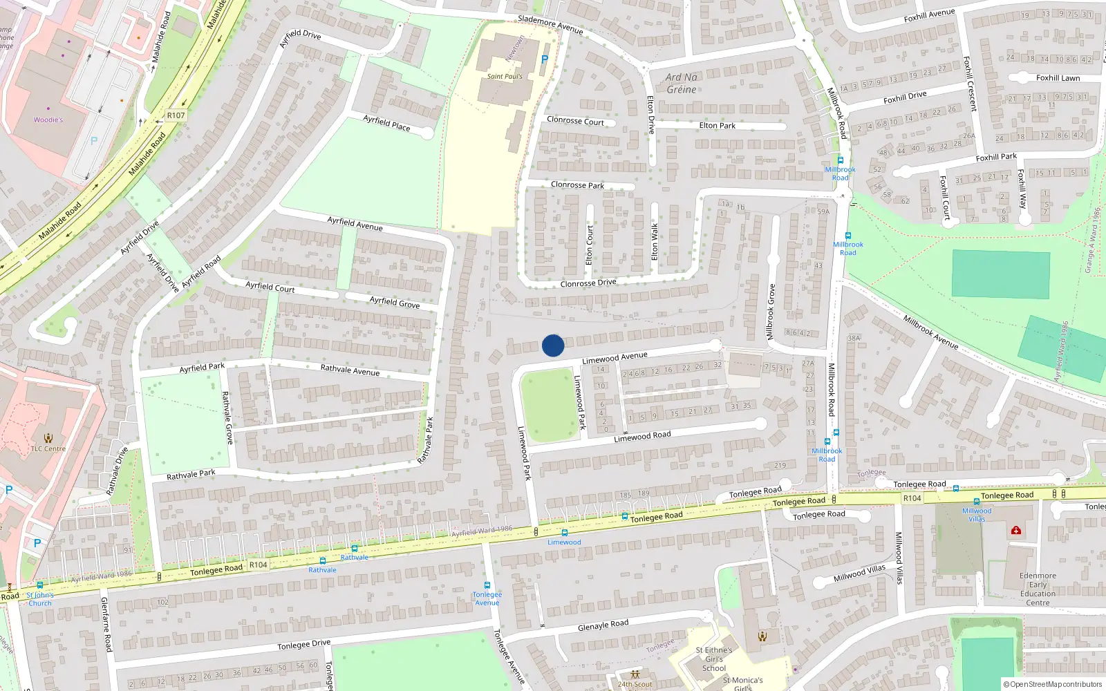 Overhead map showing the location of 11 Limewood Avenue, Raheny, Dublin 5