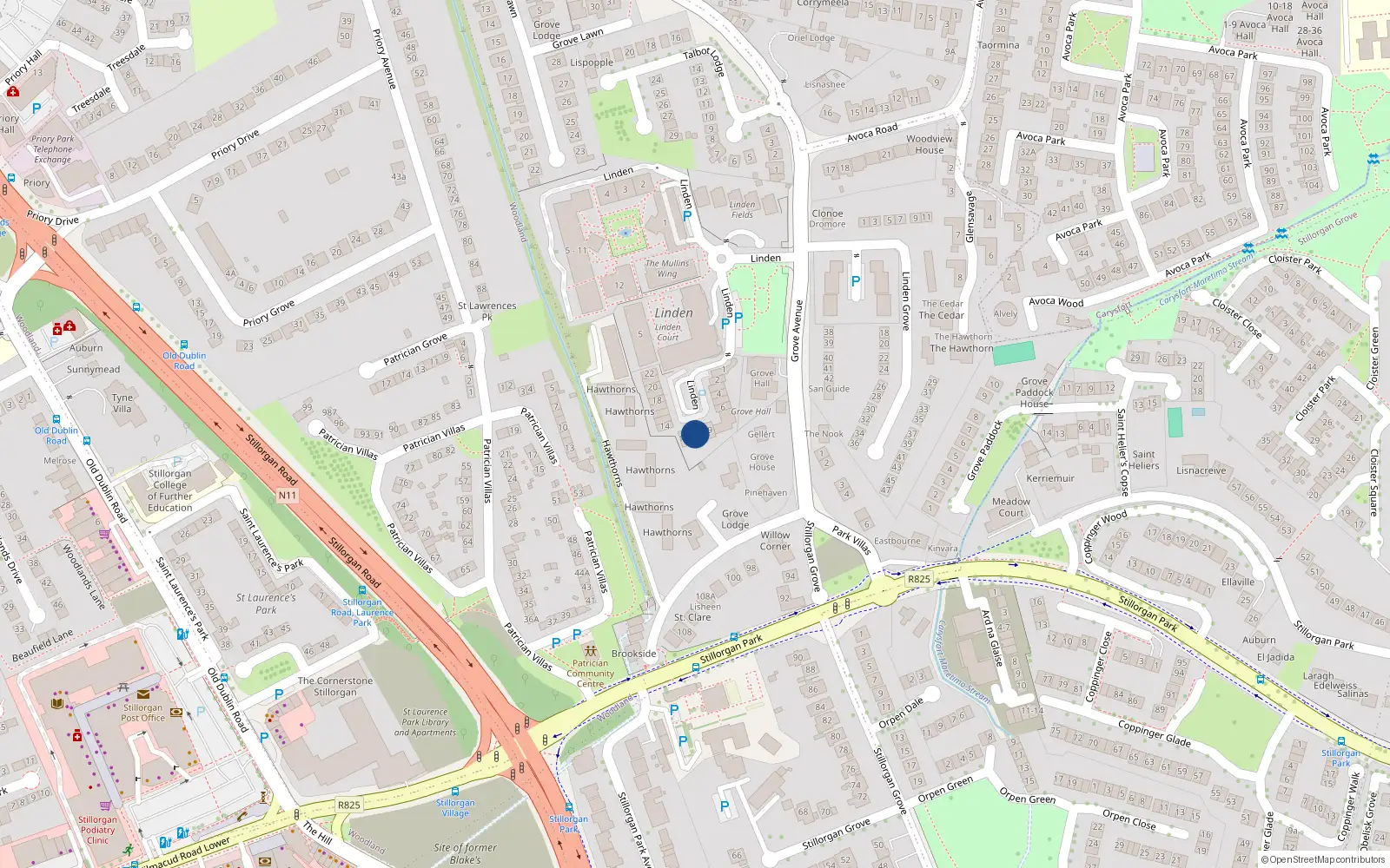 Overhead map showing the location of 11 Linden Place, Grove Avenue, Blackrock
