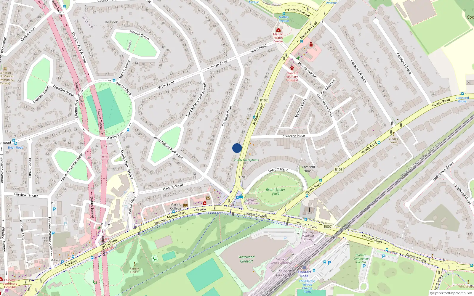Overhead map showing the location of 11 Malahide Road, Marino