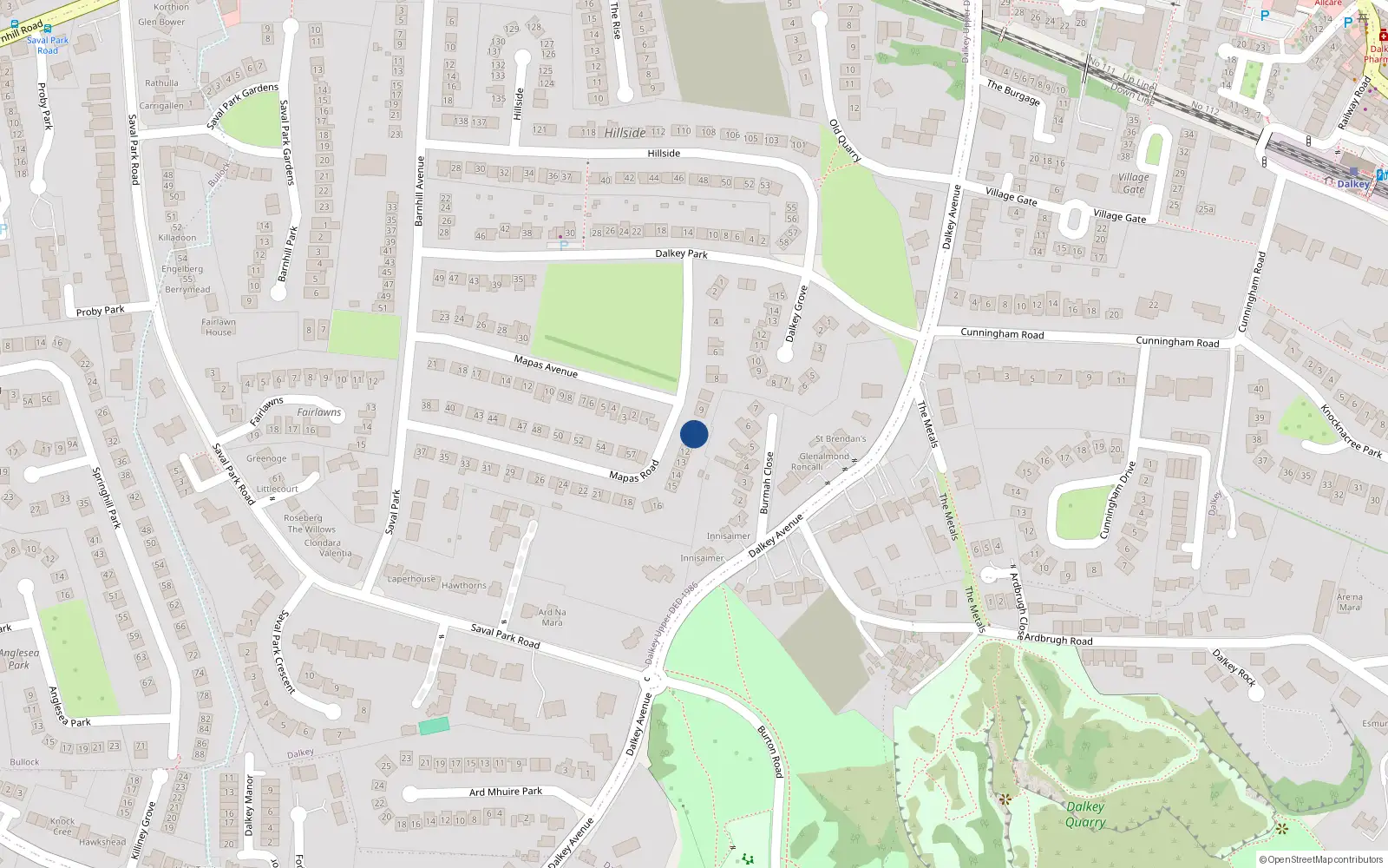 Overhead map showing the location of 11 Mapas Road, Dalkey
