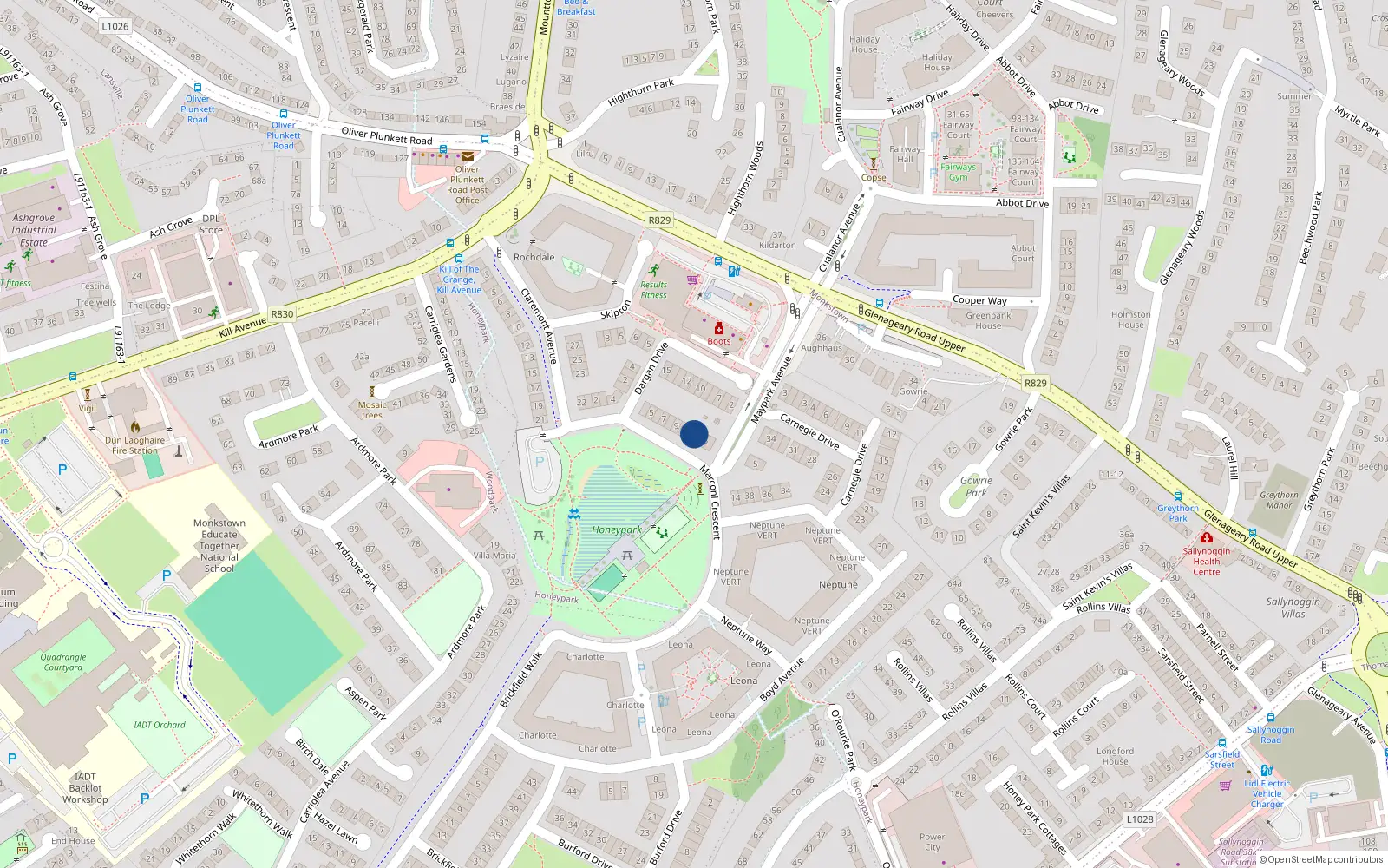 Overhead map showing the location of 11 Marconi Crescent, Dun Laoghaire