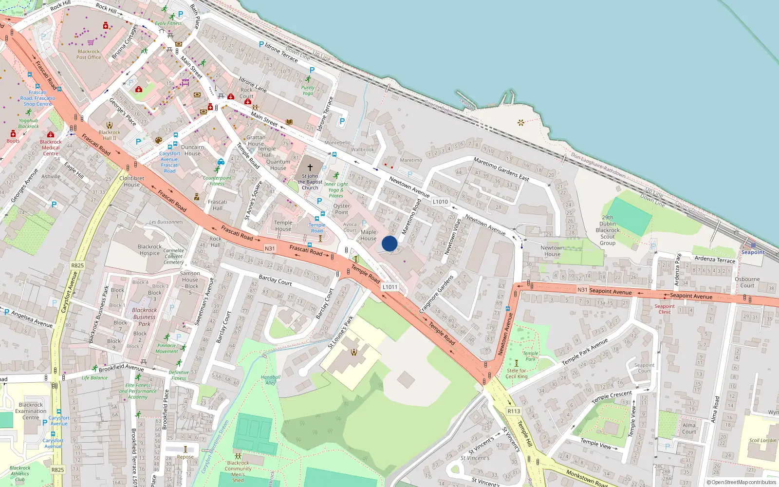 Overhead map showing the location of 11 Maretimo Road, Blackrock