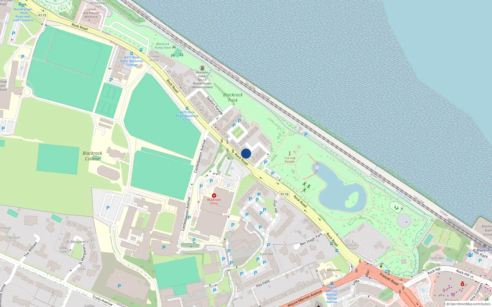 Overhead map showing the location of 11 Marine View, Rock Road, Blackrock