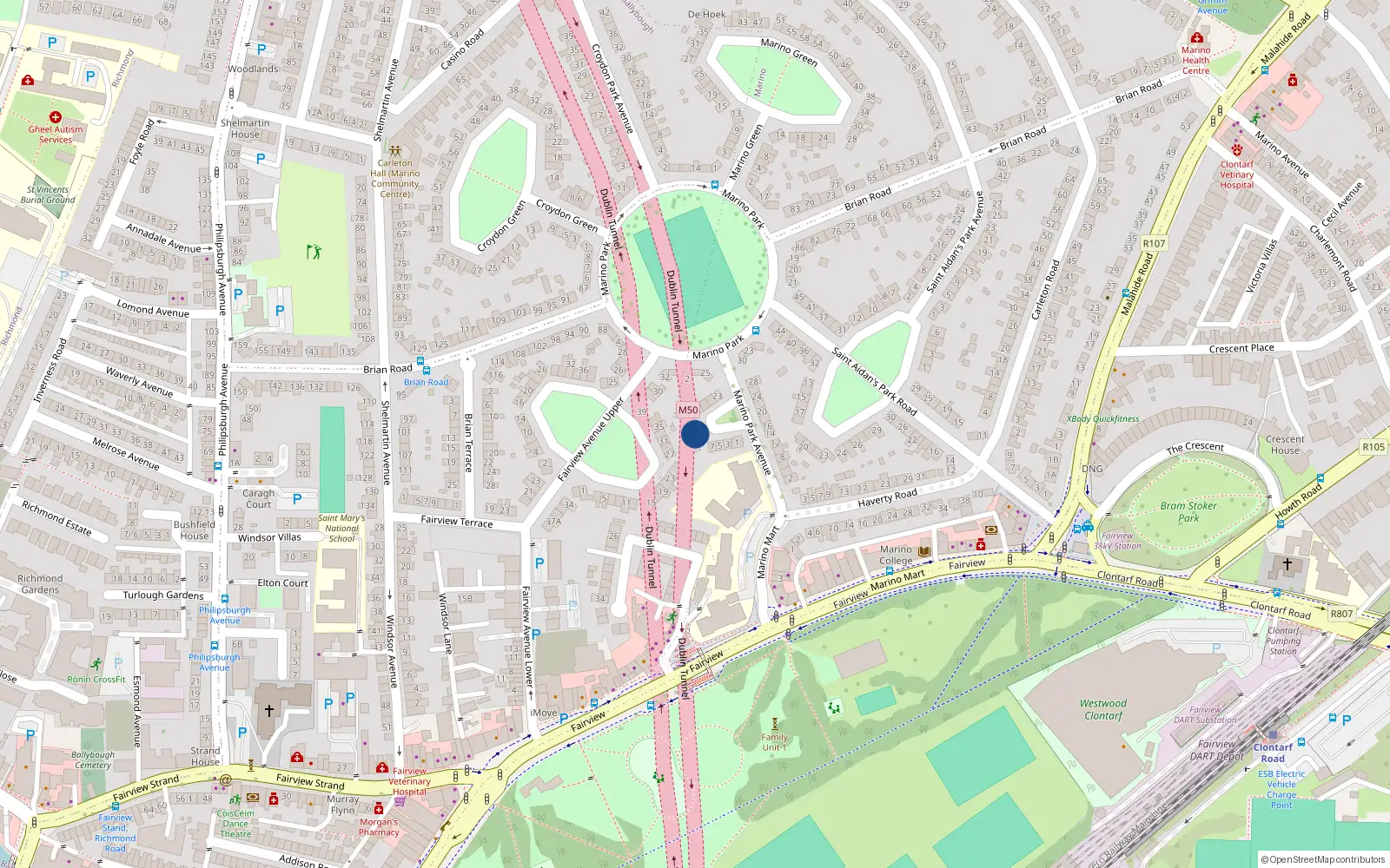 Overhead map showing the location of 11 Marino Park Avenue, Dublin 3