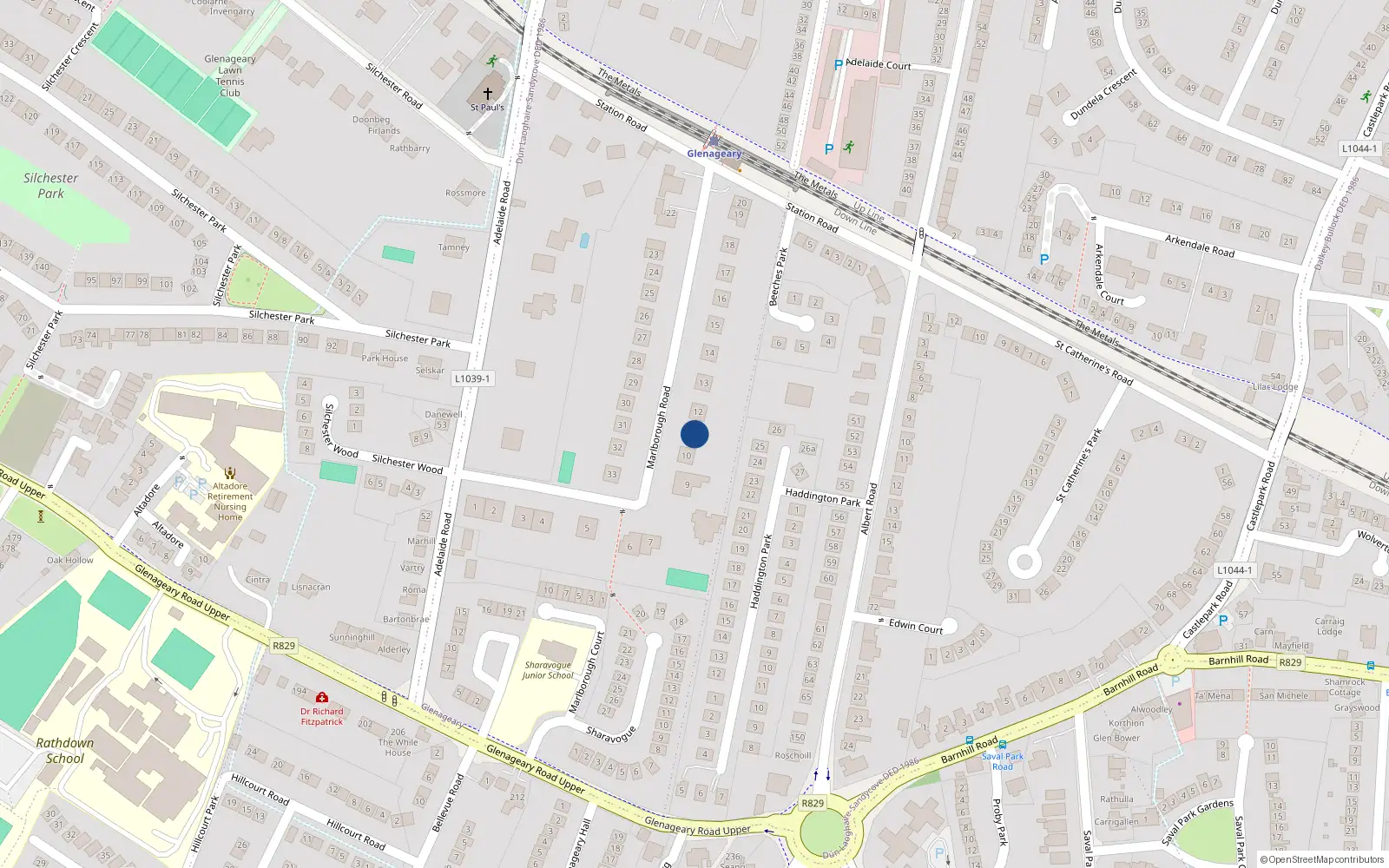 Overhead map showing the location of 11 Marlborough Road, Glenageary, Dublin