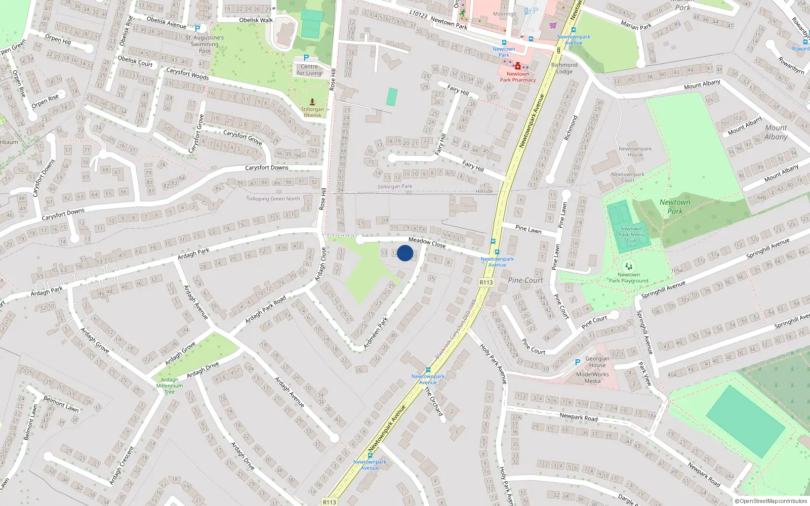 Overhead map showing the location of 11 Meadow Close, Blackrock