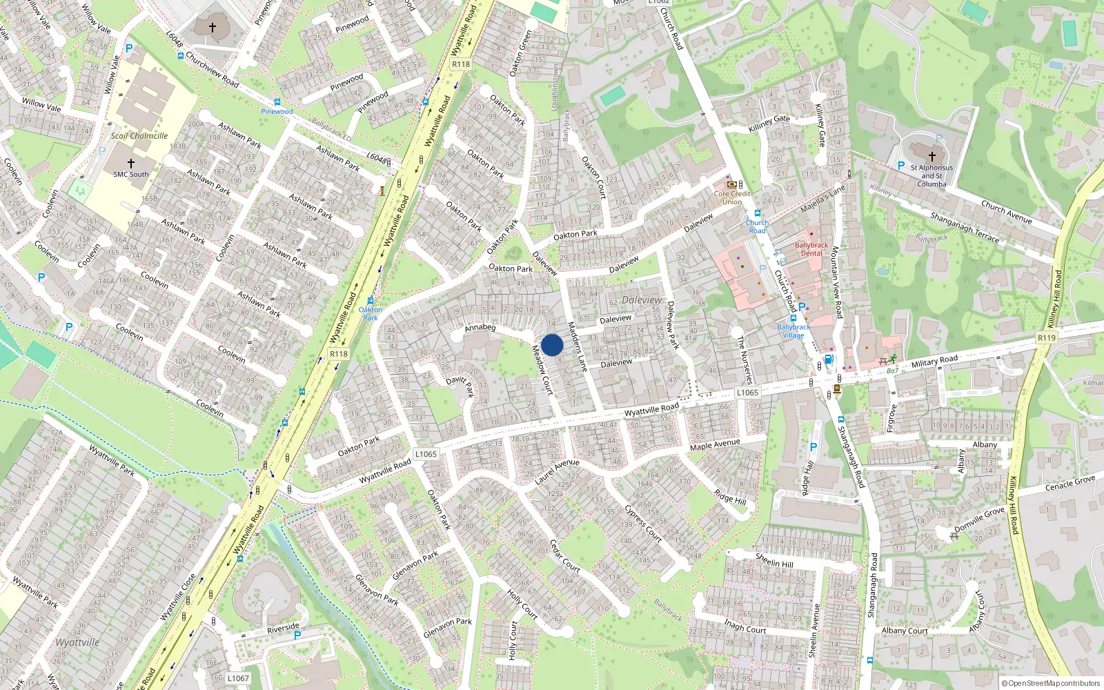 Overhead map showing the location of 11 Meadow Court, Ballybrack