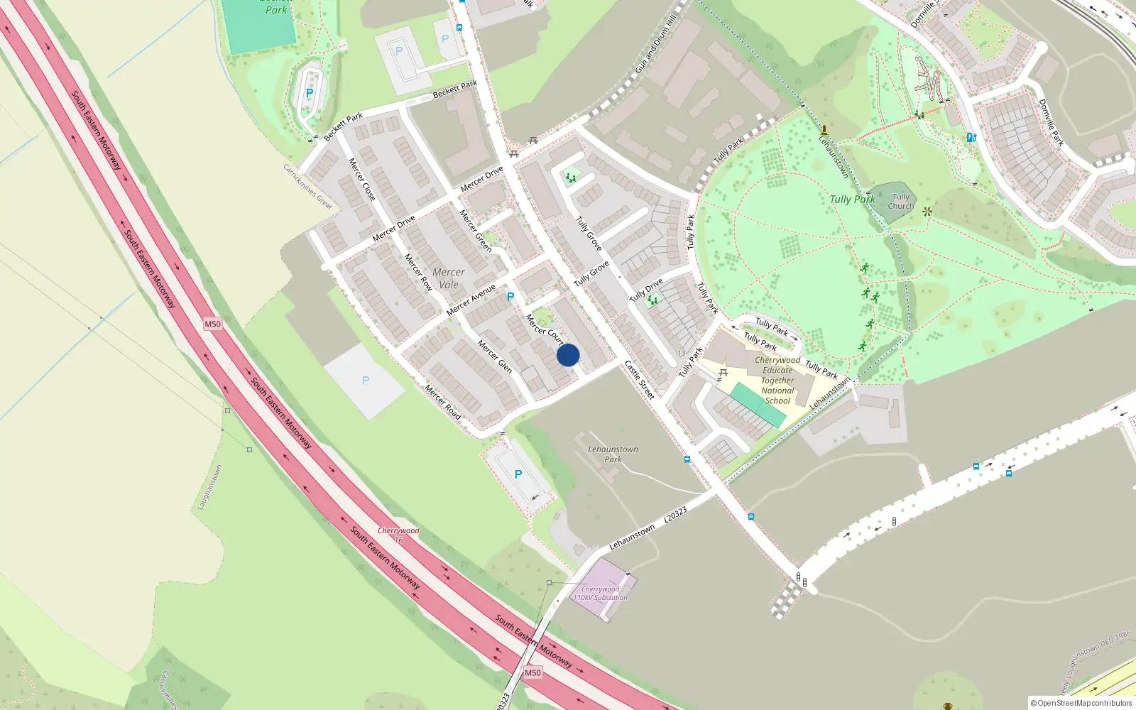 Overhead map showing the location of 11 Mercer Court, Laughanstown